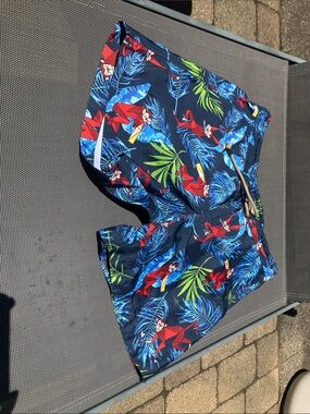 Men's Navy Tropical Print Swim Trunks